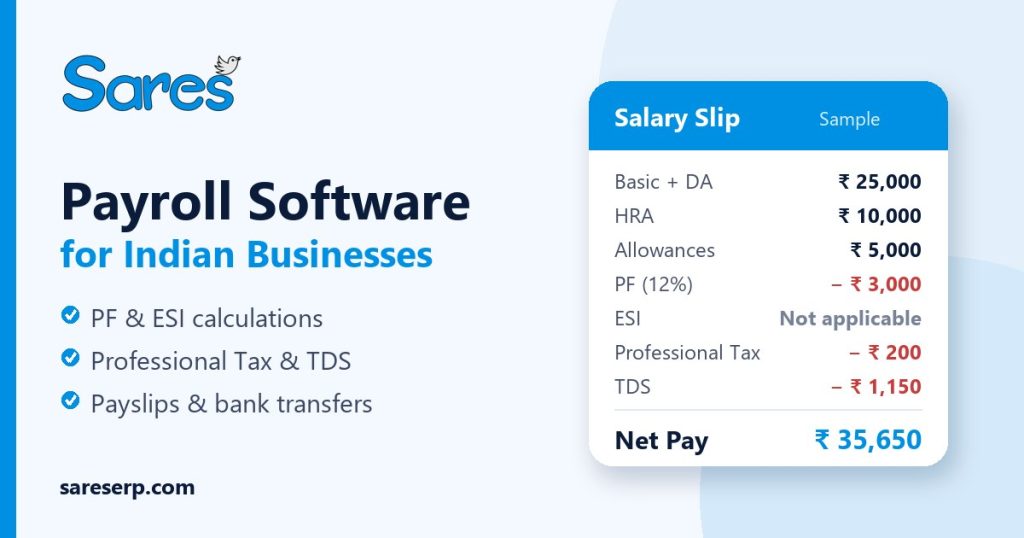 Payroll software for Indian businesses with PF, ESI and TDS compliance